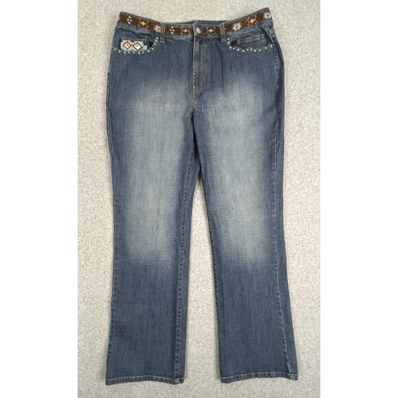 Chico’s Platinum Women’s Jeans Sz XL Beaded Aztec Inspired Embellished Denim - Picture 2 of 16